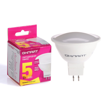Лампа светодиодная ОНЛАЙТ, GU5.3, рефлектор MR16, 5 Вт, 350 Лм, 3000 К, теплый белый
