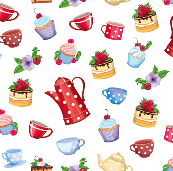 Клеёнка на нетканой основе "Мажор" "Чайная посуда и десерты" на белом шир.1,35м 595/0 "Колорит" *20