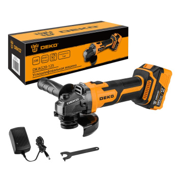 Шлифмашина угловая аккум. 125мм 20В  8500об/мин 4Ач Li-lon 1АКБ ЗУ DKAG20-125 DEKO *1/6 Шлифмашина угловая аккум. 125мм 20В  8500об/мин 4Ач Li-lon 1АКБ ЗУ DKAG20-125 DEKO *1/6