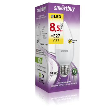 Лампа светодиодная 8,5W Е27 свеча 3К теплый С37 Smartbuy *1/10/100